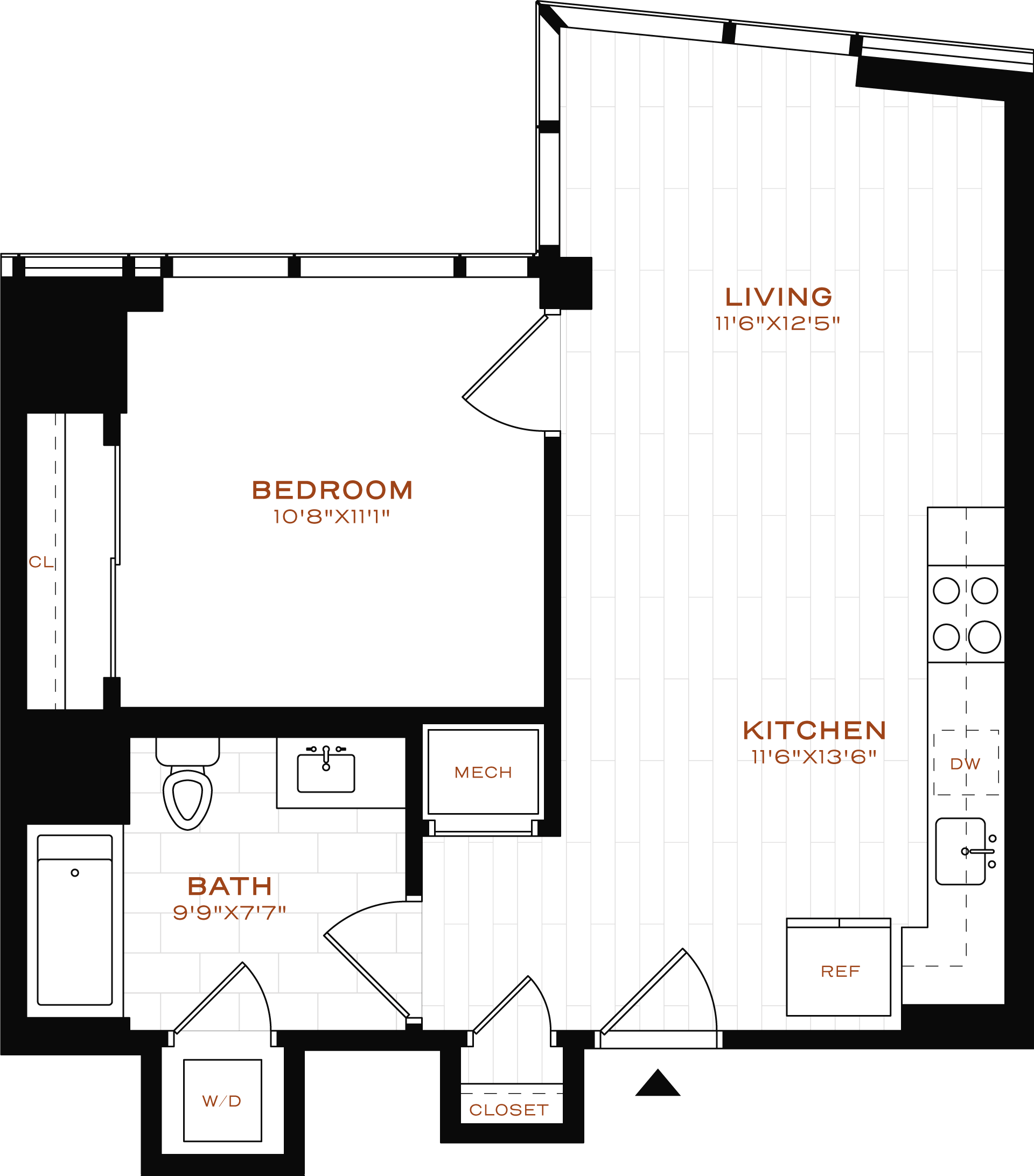 Rendering of the 1 Bed-1 Bath-T-10 Floor Plan
